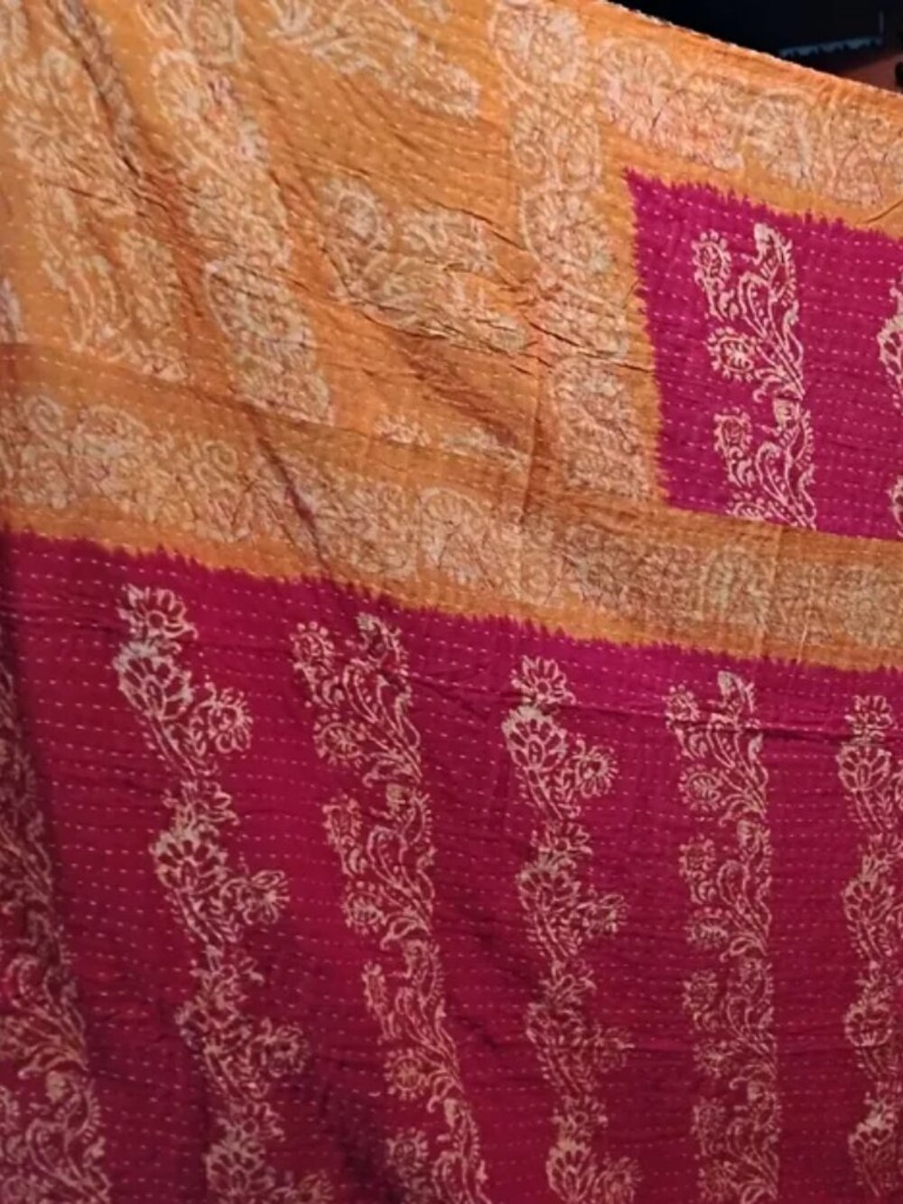 Kantha Quilt Red Marigold Love Patch With People 3 Layer Cotton Handmade K227.